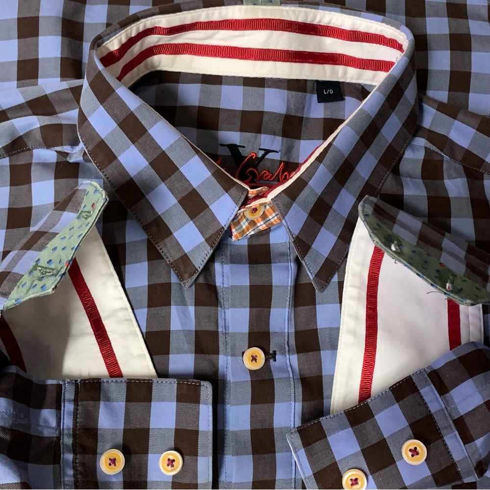 Designer Shirt Robert Graham PLAID Blue Brown Flip Cuff Size L